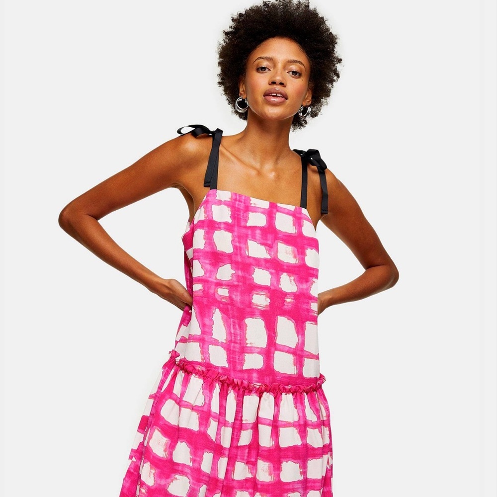 TOPSHOP PINK CHECK TIE TIERED DROP WAIST MIDI DRESS